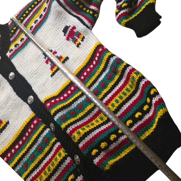 Vintage Handmade Chunky Knit Cardigan Mexican Sweater Pinatas Damas Llamas - Picture 4 of 5